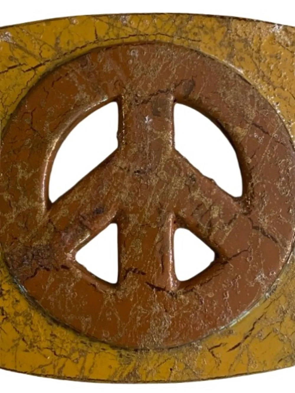 Peace Sign Metal Belt Buckle Painted Antiqued Gold and Brown 3.5” x 2.5” Boho